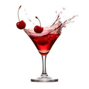 Sour Cherry Liqueur - Visinata - Red cocktail in a martini glass with splashes and cherries on a white background