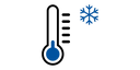 Icon of a blue thermometer with a blue circle and snowflake on a white background