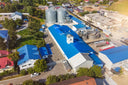 Voronskaya Vodka Factory - Aerial view of the factory with buildings and blue roofs.